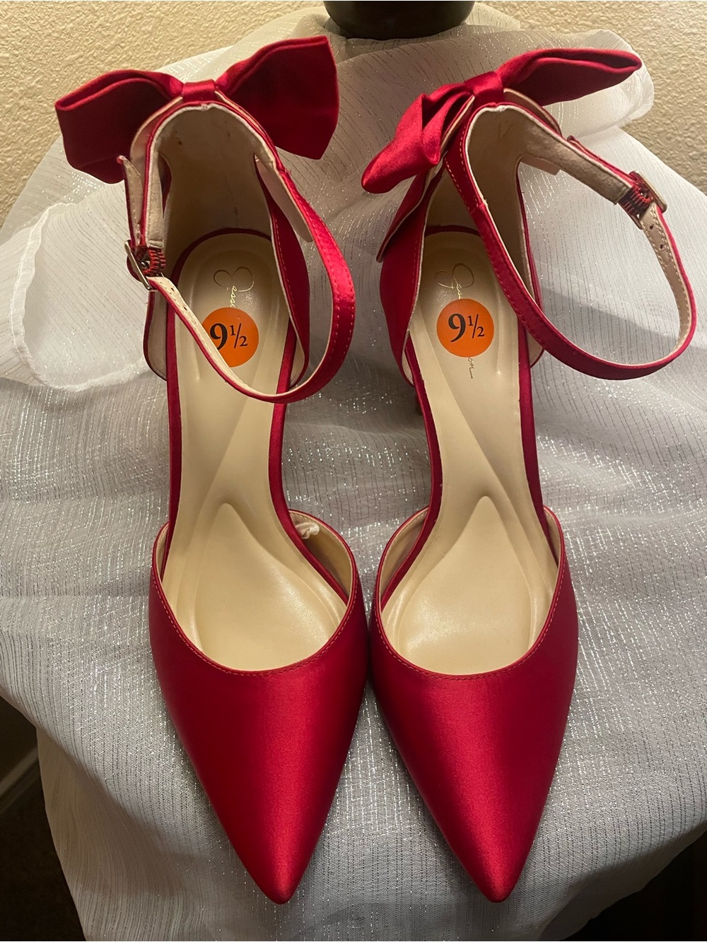 Jessica Simpson Red Satin Bow Ankle-Strap Pointed-Toe Heels - Women's